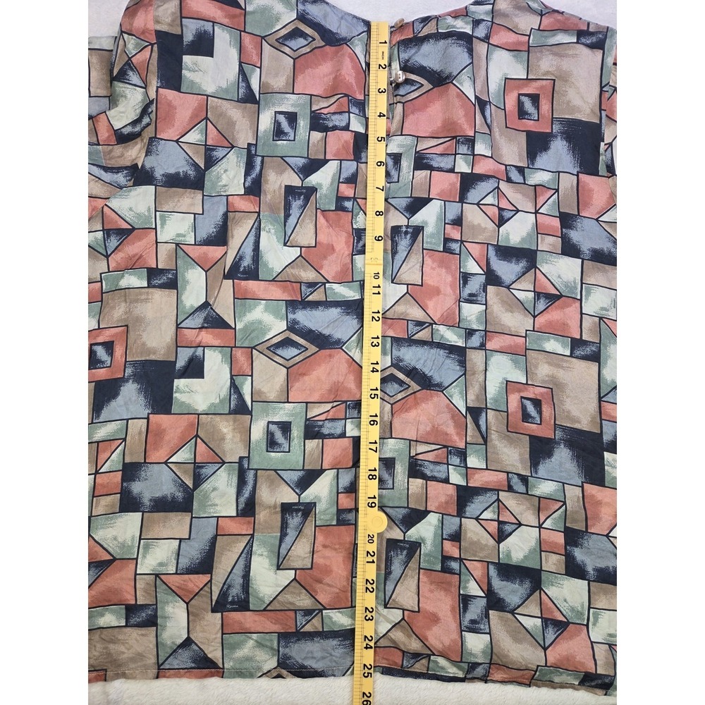 Vintage 90s Silk Blouse 2X Abstract Geometric Print Short Sleeve Button Back Top - Picture 7 of 8